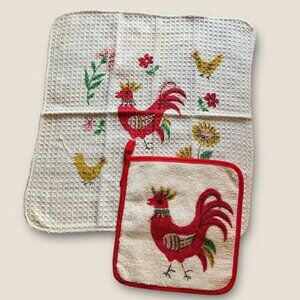 Vintage Rooster Kitchen Towel & Pot Holder Set Country Farmhouse Decor